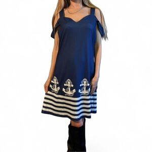 Nautical sailor navy blue and white striped Mumu dress with anchor details M